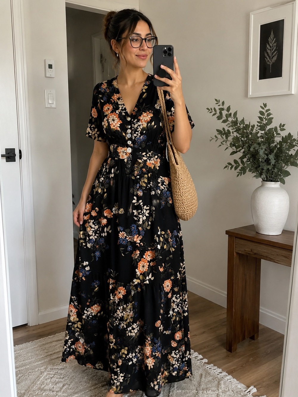 Dex Black Maxi Dress with Orange, Blue & White Floral Print